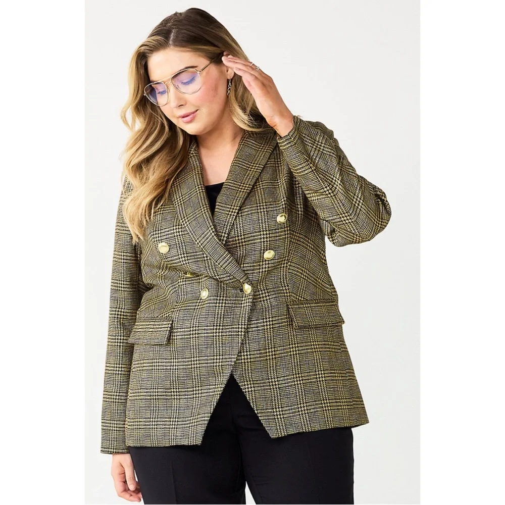 NWT Nine West Double Breasted Blazer Plaid Lurex Gold Plus Size 4X